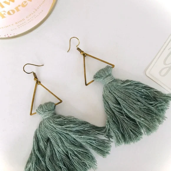 Sage Green Blue Tassel Earrings - Picture 3 of 7